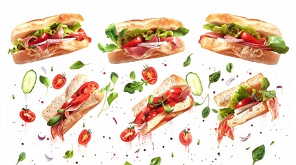 Delicious Ciabatta Sandwiches with Fresh Ingredients Floating in the Air