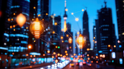 Smart city illuminated by energy efficient lights, showcasing urban innovation and technology integration in vibrant metropolis