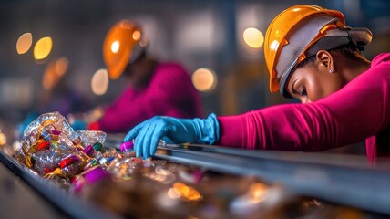 Workers in safety gear sort colorful materials on a conveyor belt in a recycling facility, emphasizing the importance of waste management.
