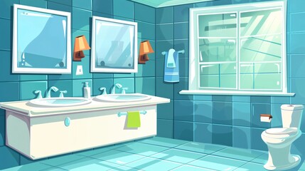 Modern Bathroom Washbasin and Mirror Cartoon Vector Illustration