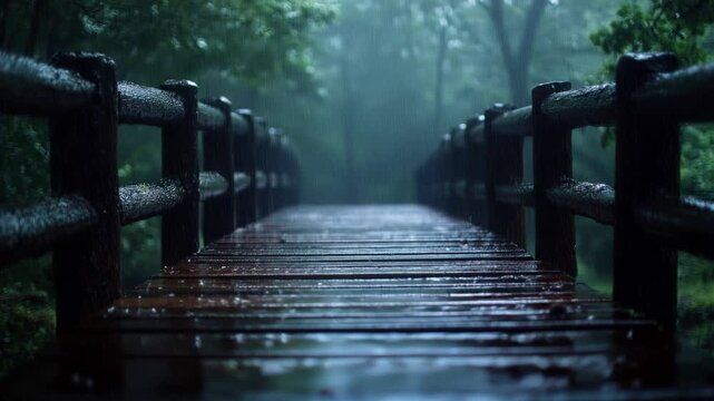 A bridge with rain falling on it. The bridge is wooden and has a rustic feel. The rain is coming down in a steady stream, creating a peaceful atmosphere