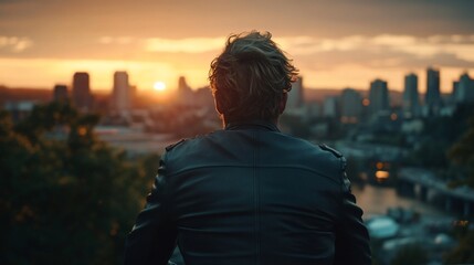 Fototapeta premium Man in leather jacket watches sunset over city skyline.