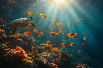 Naklejka premium Récif corallien vibrant sous-marin avec poissons colorés et tortues