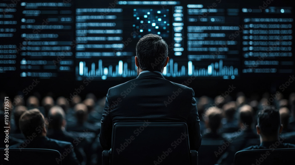 Aufkleber leader presenting data insights to engaged audience in dark room. atmosphere is focused and intense,