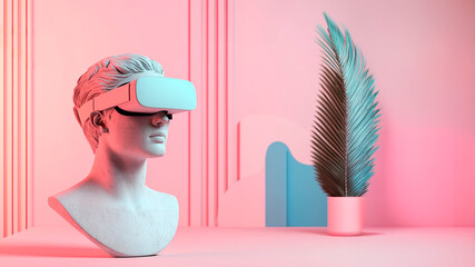 Obraz premium A roman bust wearing virtual reality headset in a colorful metaverse