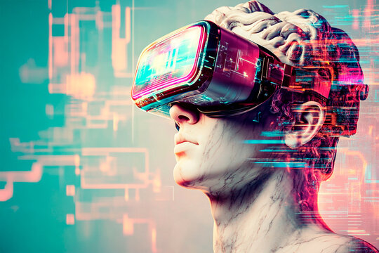 Marble statue wearing virtual reality headset experiencing time warp