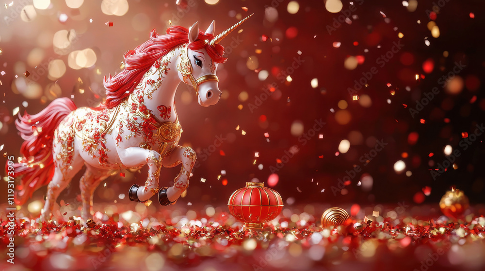 Poster vibrant and colorful 3d unicorn figurine adorned with intricate designs, surrounded by festive decor