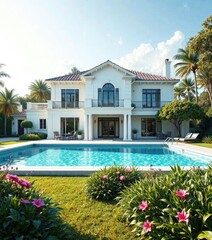 A beautiful white house with a sparkling pool and lush greenery in front, garden, serene