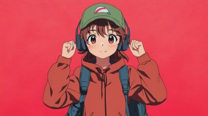 Happy girl listening music with headphones and backpack.