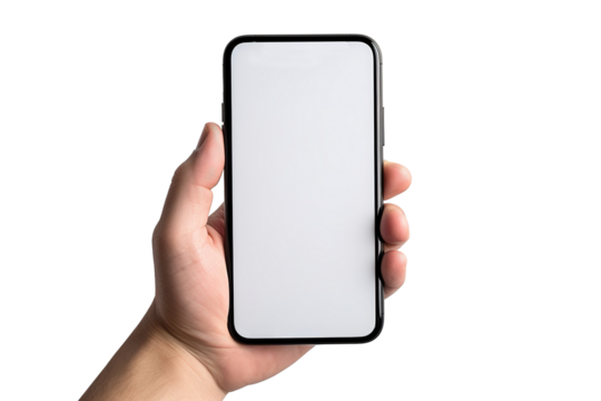 Mockup. Hand grips smartphone mobile phone with a blank screen isolated in a transparent background
