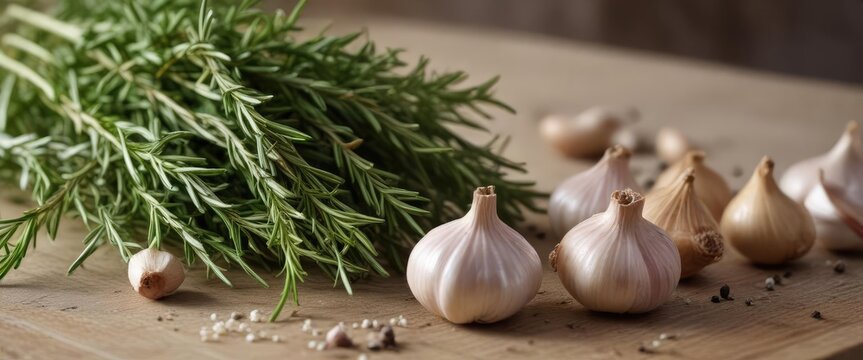 A delicate composition of rosemary sprigs, garlic bulbs, and peppercorns in a calm environment, simplicity, peppercorns
