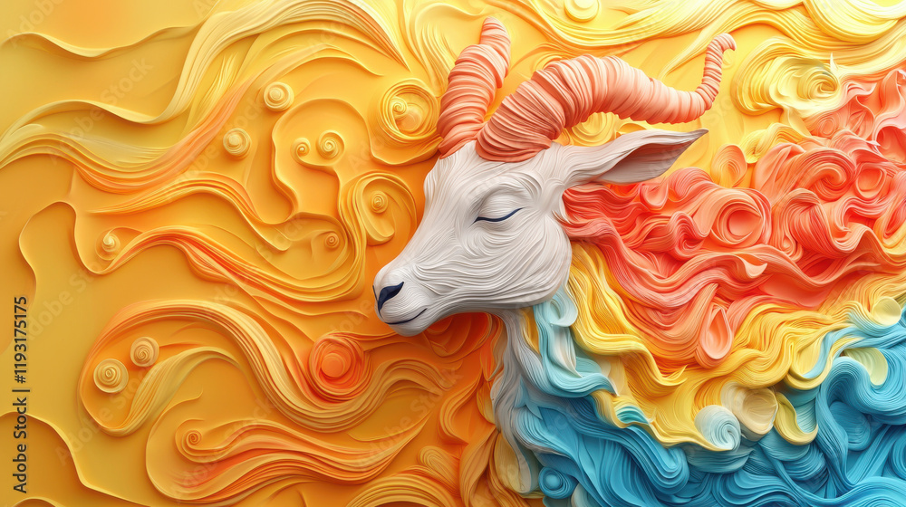 Poster vibrant 3D representation of Capricorn goat with flowing textures in warm colors. design features intricate swirls and serene expression, evoking sense of calm and creativity