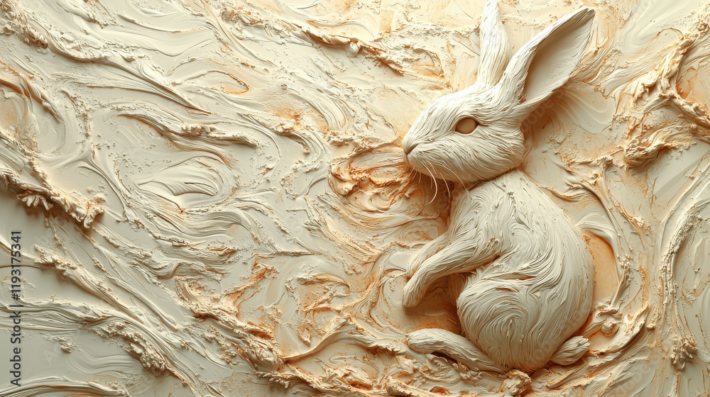 Poster detailed 3d illustration of rabbit, symbolizing creativity and nature, with textured swirls in soft 