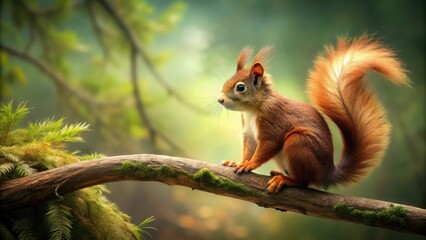 Fototapeta premium A vibrant red squirrel perched on a mossy branch in a sun-dappled forest