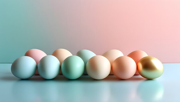 Eggs of different colors lined up in a row on a light surface in front of a monotonous pinkish-blue background