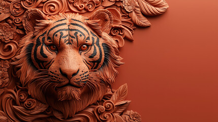 Fototapeta premium detailed 3D illustration of tiger head, symbolizing strength and beauty, surrounded by intricate floral patterns and leaves in warm tones