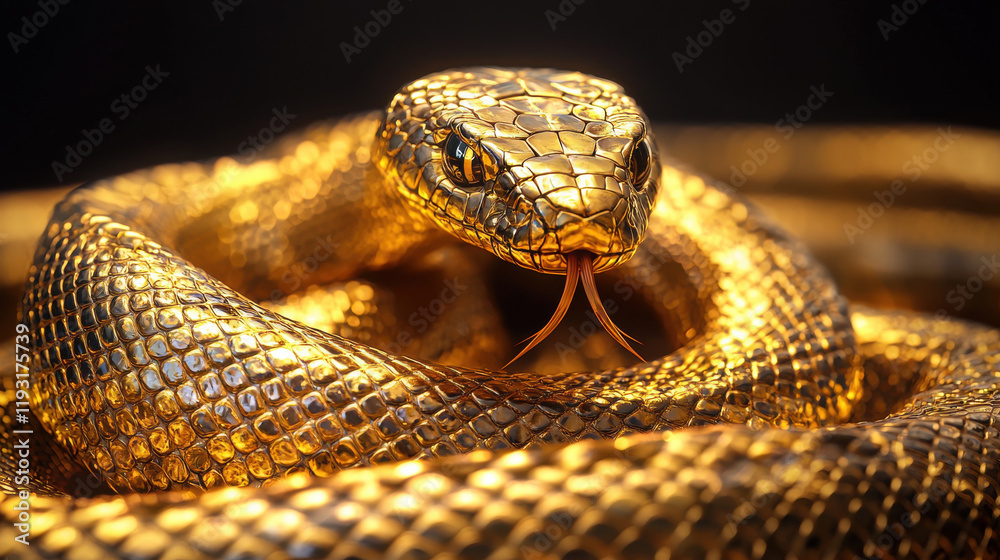 Poster Elegant golden snake with intricate scales, symbolizing luxury and power. shimmering texture and captivating gaze create striking visual impact