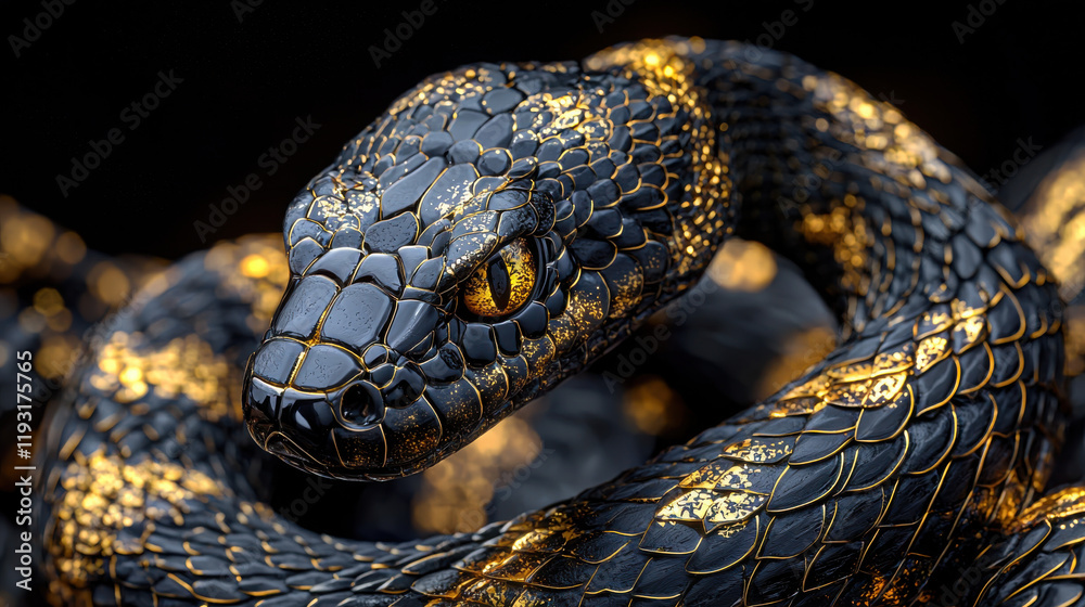 Poster elegant 3d snake with intricate scales and vibrant gold accents, showcasing mesmerizing design. deta