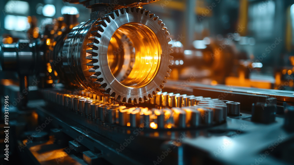 Aufkleber Precision gears and mechanical systems illuminated in workshop, showcasing intricate engineering and advanced manufacturing techniques. warm glow highlights details of tools and machinery