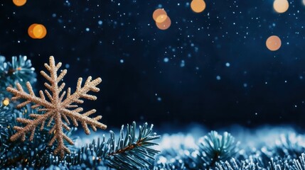 A sparkling snowflake nestled in evergreen branches, creating a magical winter scene with soft glowing lights.