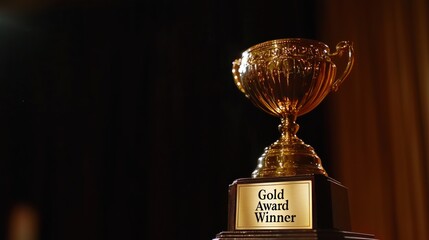 A shimmering gold trophy with "Gold Award Winner" engraved at the base.