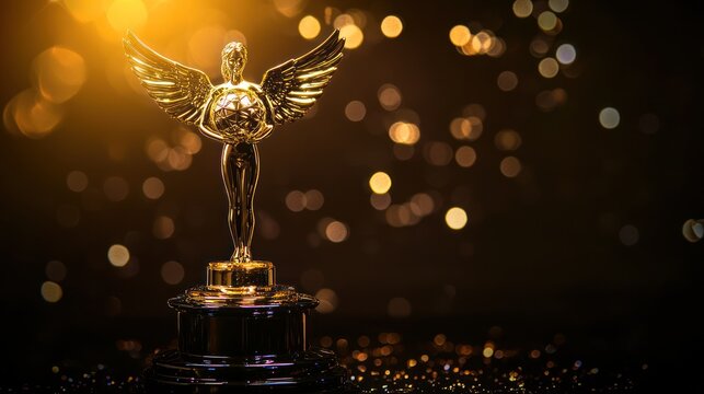 A shining Emmy trophy with its iconic winged woman holding a globe, on a dark stage.