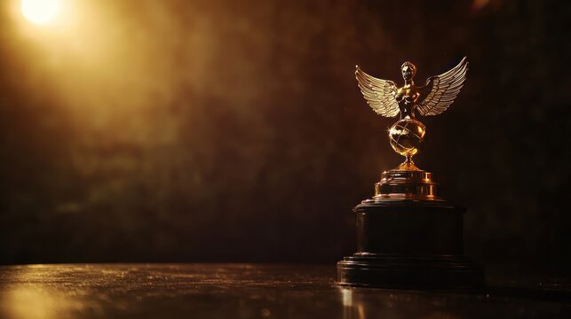 A shining Emmy trophy with its iconic winged woman holding a globe, on a dark stage.