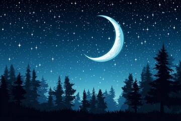 Naklejka premium Starry night sky with crescent moon over a forest.