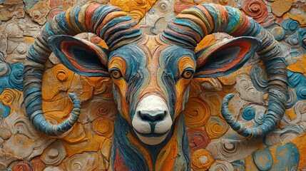 Fototapeta premium Vibrant 3D Capricorn goat with intricate clay like texture, showcasing colorful swirls and patterns. This artistic representation highlights goat majestic horns and expressive features
