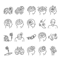Neurological diseases line black icons set. Signs for web page, mobile app,