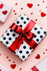 A beautifully wrapped gift with polka dots and a red ribbon, surrounded by festive heart-shaped decorations on a soft pink background.