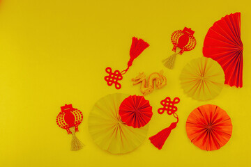 Obraz premium Happy Chinese New Year traditional concept. Oriental asian style paper fans on red background