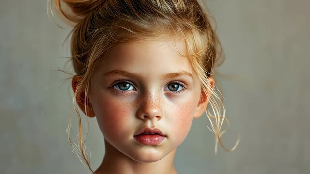 Portrait of a young girl with striking blue eyes and messy bun hairstyle in soft natural light