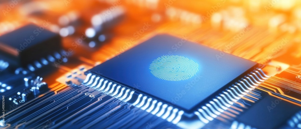 Poster close-up view of a modern microchip with intricate circuit design and futuristic fingerprint sensor.