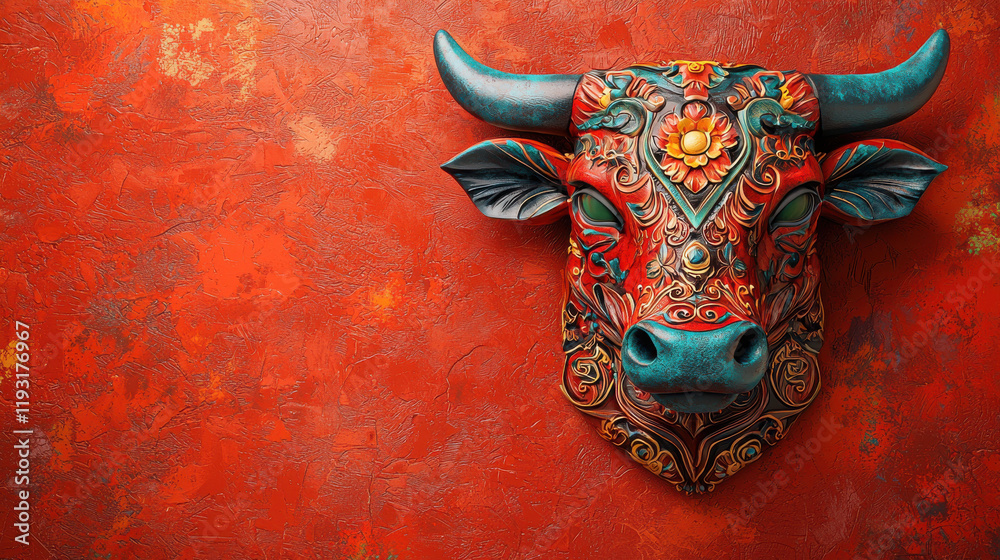 Poster vibrant 3d ox design symbolizing zodiac sign of ox, featuring intricate patterns and bright colors a