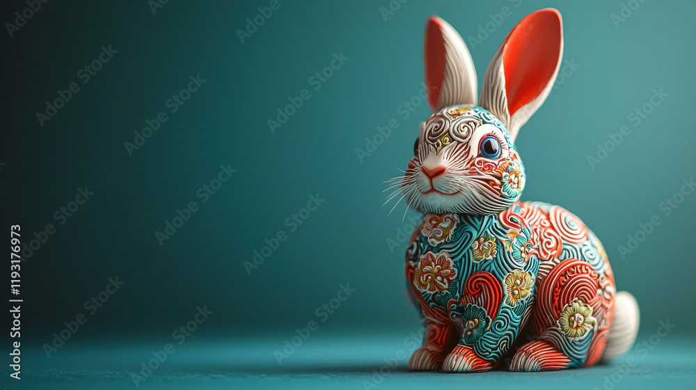 Poster Vibrant 3D rabbit design for Rabbit zodiac, featuring intricate patterns and colors. This artistic piece showcases playful and lively expression, perfect for decor