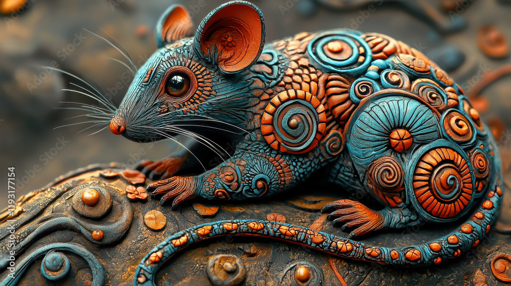 Poster vibrant 3d rat design featuring intricate patterns and colors, symbolizing zodiac sign of rat. this 