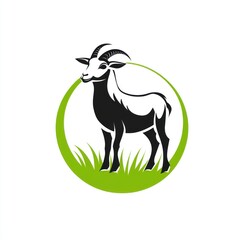 Obraz premium Goat in green pasture, farm animal logo, agriculture