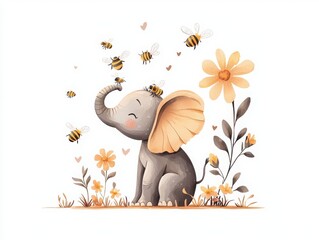 A cheerful elephant enjoying a sunny day surrounded by flowers and buzzing bees.