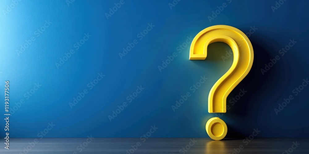 Poster a large yellow question mark against a blue wall; a simple concept for inquiry and curiosity