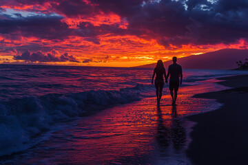 Fototapeta premium Couple walking on beach at sunset