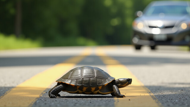 A turtle crossing a road with an incoming car.