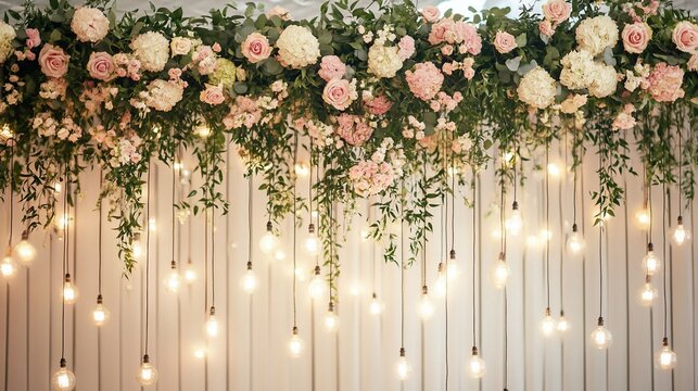 Elegant wedding backdrop with flowers and lights.