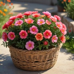 Fototapeta premium A delicate Portulaca grandiflora flower blooms in a bright summer landscape with other plants in a wicker basket , flowers, portulaca