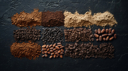 A rustic display of cocoa beans and cocoa powder with different shades of brown, set against a matte black surface.