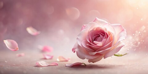 A delicate rose petal falling gently through the air amidst a soft pink mist, mist, soft focus, pink, rose petal