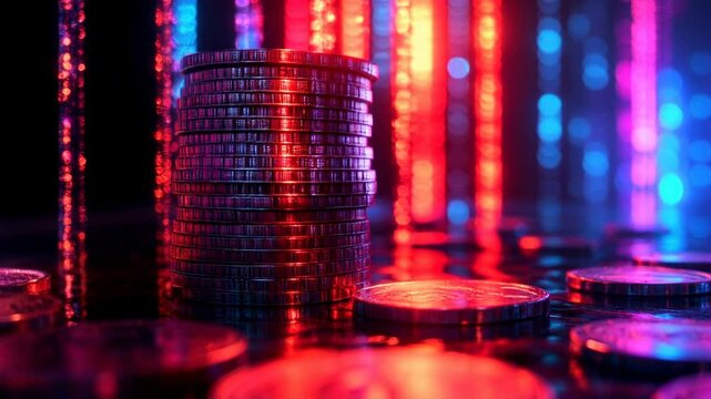 Stack of Cryptocurrency Coins in Neon Red and Blue Light Digital Currency Finance Technology
