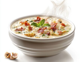 Steamy clam chowder bowl isolated on white background food culinary art close-up view comfort food
