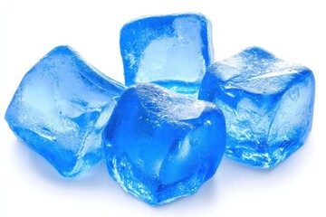 Bright blue ice cubes arranged on a clean white background, perfect for beverage themes, summer visuals, and chill concepts.