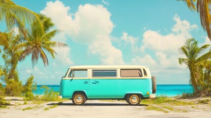 Vintage blue and white van parked by a tropical beach with palm trees